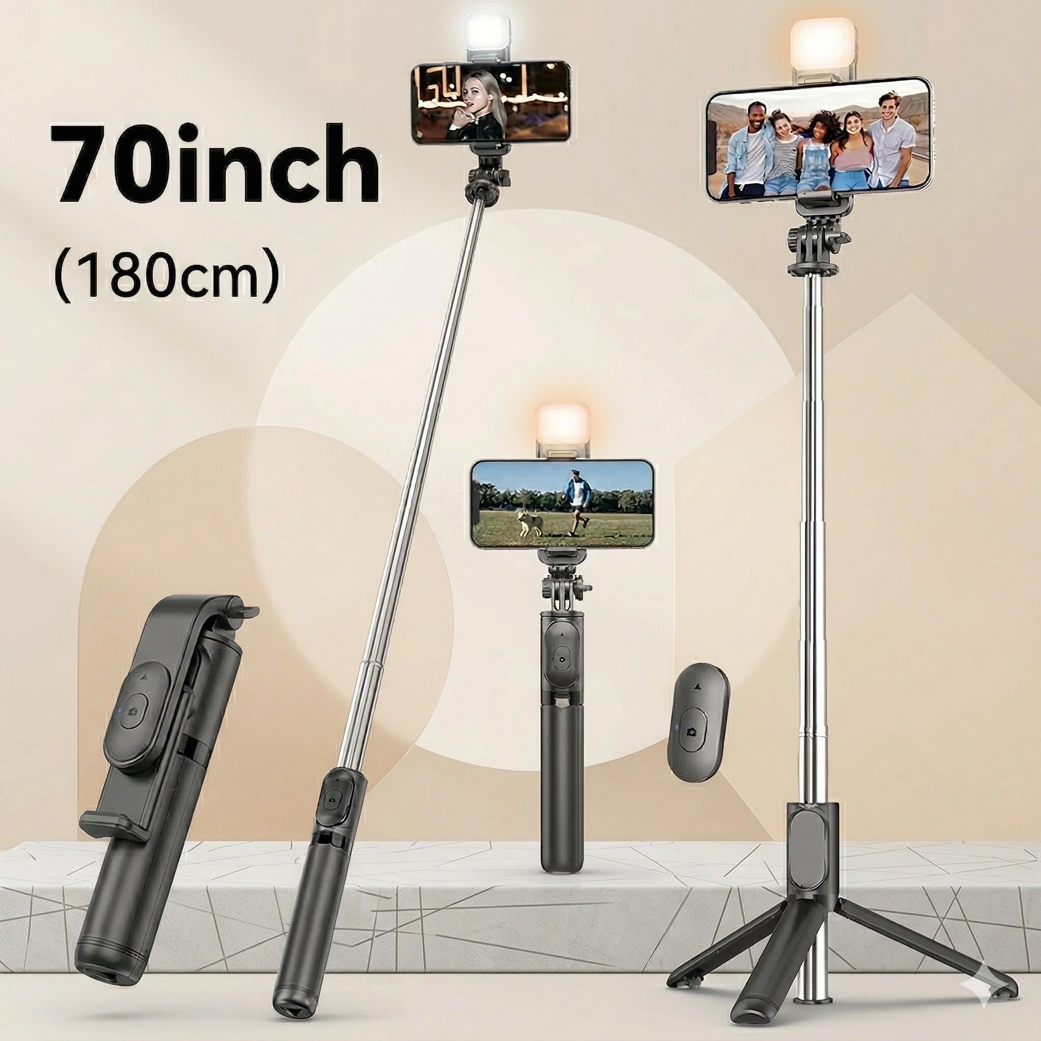 70'' Extendable Selfie Stick Tripod with Ring Light & Bluetooth Remote for Vlogging Live Travel iPhone/Android Extendable Phone Stand