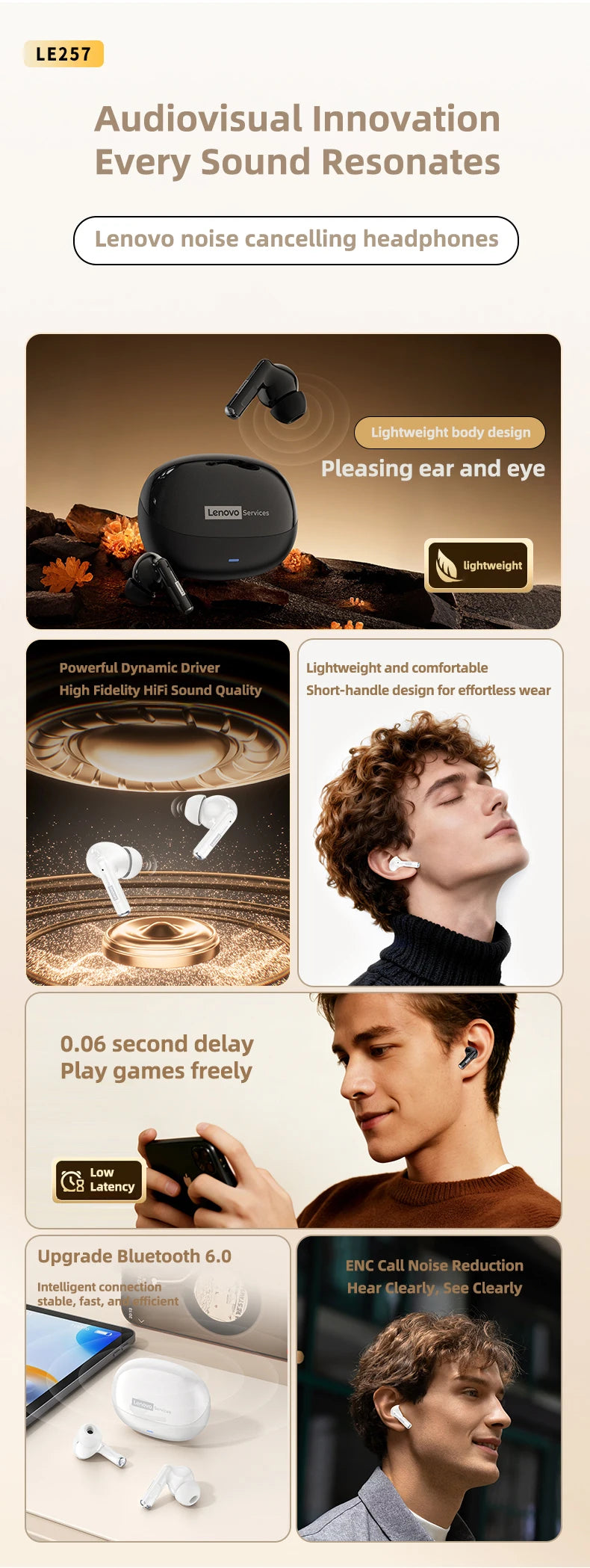 Lenovo Headphones TWS Wireless Bluetooth 6.0 HiFi Sound ENC Call Noise Reduction Earphones Gaming Sports Headset With Mic New