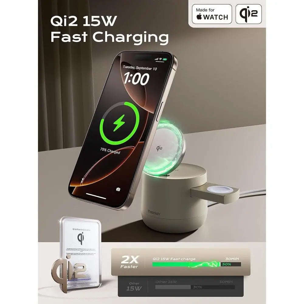 4-in-1 Wireless Charging Station – Qi2 15W Magnetic Charger for iPhone 17/16/15/14/13/12, Apple Watch & AirPods, 65W Adapter Included.