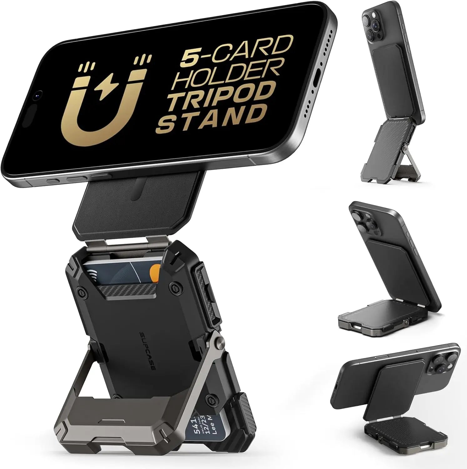 Black Magnetic Wallet Stand for iPhone 17/16/15/14/13/12 Series Holds 5 Cards Adjustable Tripod with RFID Blocking