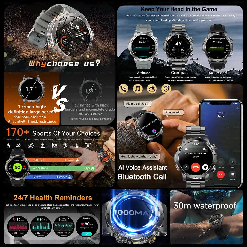2026 New TREX3 1000mAh Large Battery Durable Adult Smart Watch Sports Fitness Waterproof LED Flashlight Call Smartwatchs For Men