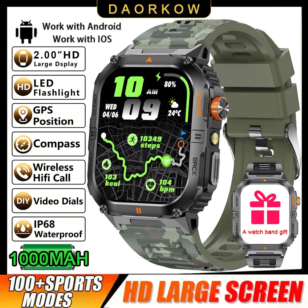 New 1000mAh military outdoor smartwatch for men, LED flashlight, IP68 waterproof, GPS sports, 2.01-inch Bluetooth call smartwatc