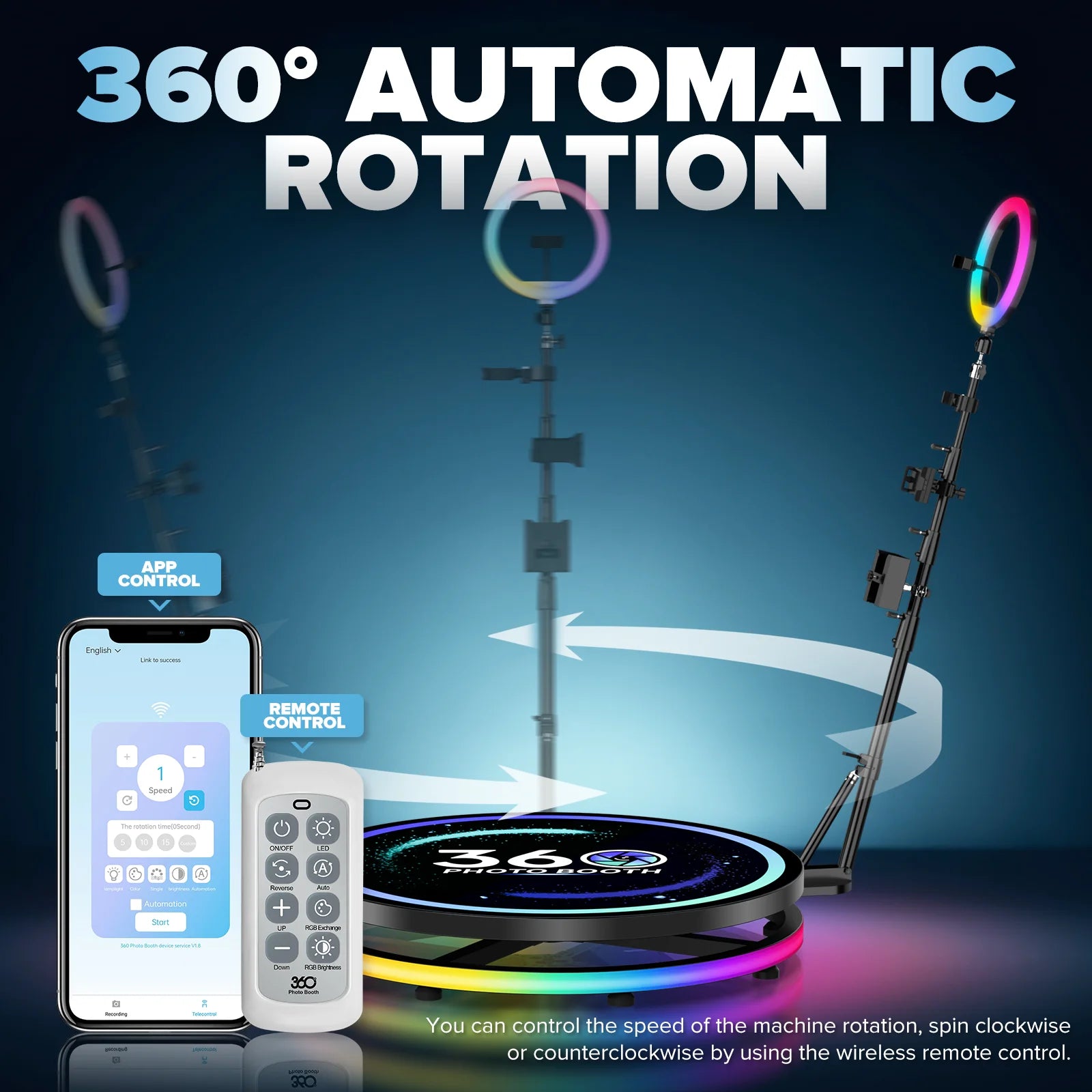 360 Photo Booth Rotating Platform with RGB Ring Light – Selfie Spinner Photobooth for Parties, Weddings & Events, Flight Case Included