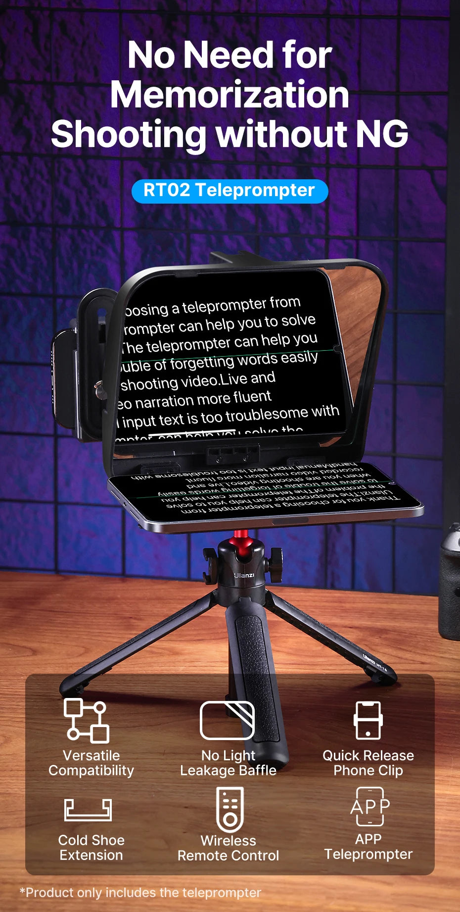 Ulanzi RT02 Portable Mini Teleprompter for Tablets DSLR Camera & Phone - Live Streaming Vlog Recording Teleprompter with Phone Clamp & Remote Control Support