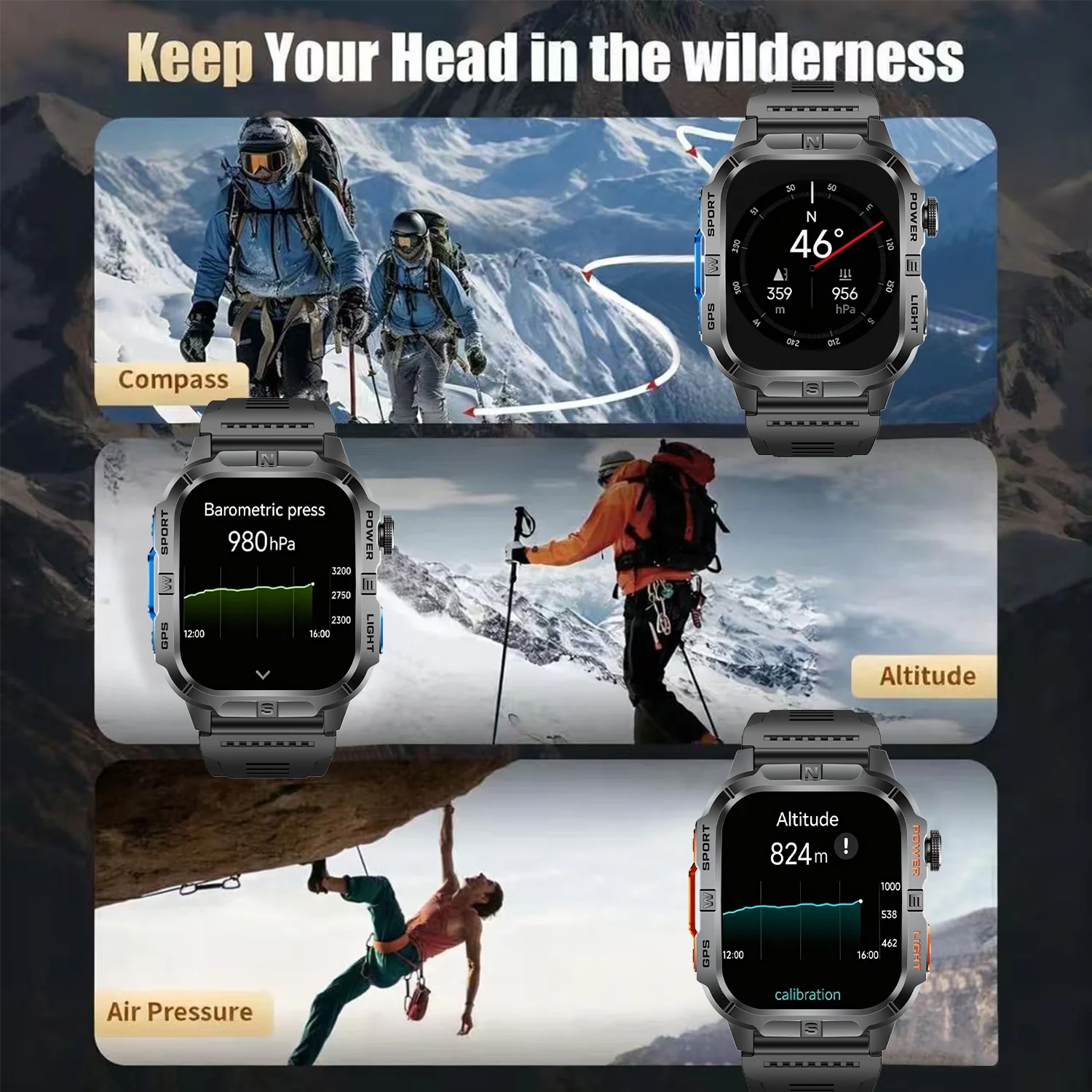 2.01-HD AMOLED GPS Smart Watch 3ATM Waterproof Built-in Dual-band GNSS Altitude Compass Military Sport Smartwatch Men 2025 New