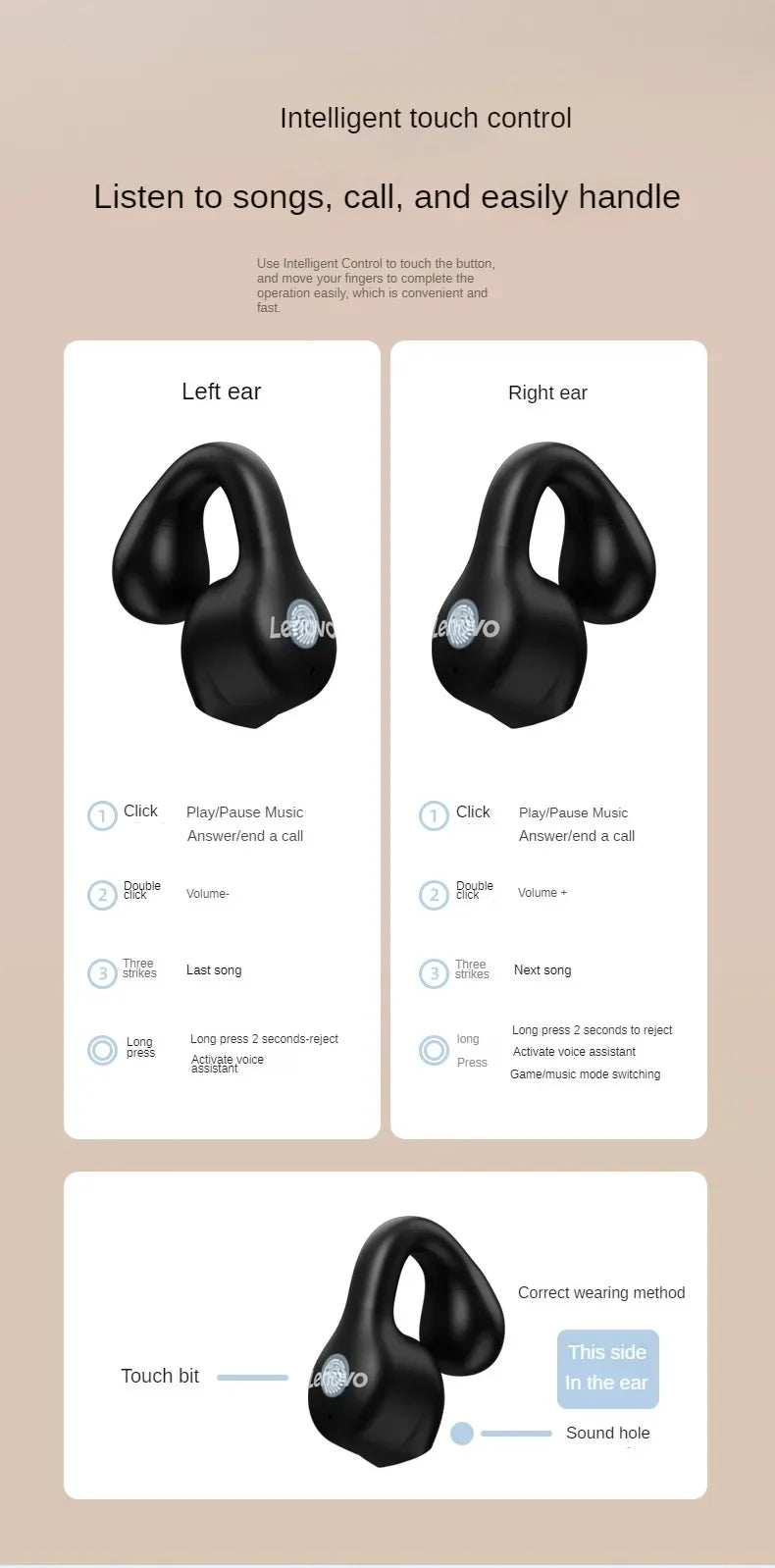 Lenovo XT61 Bluetooth 5.3 Earphones With Noise Reduction Earbuds Sports Gaming Touch Control Earhooks Waterproof HeadsetS