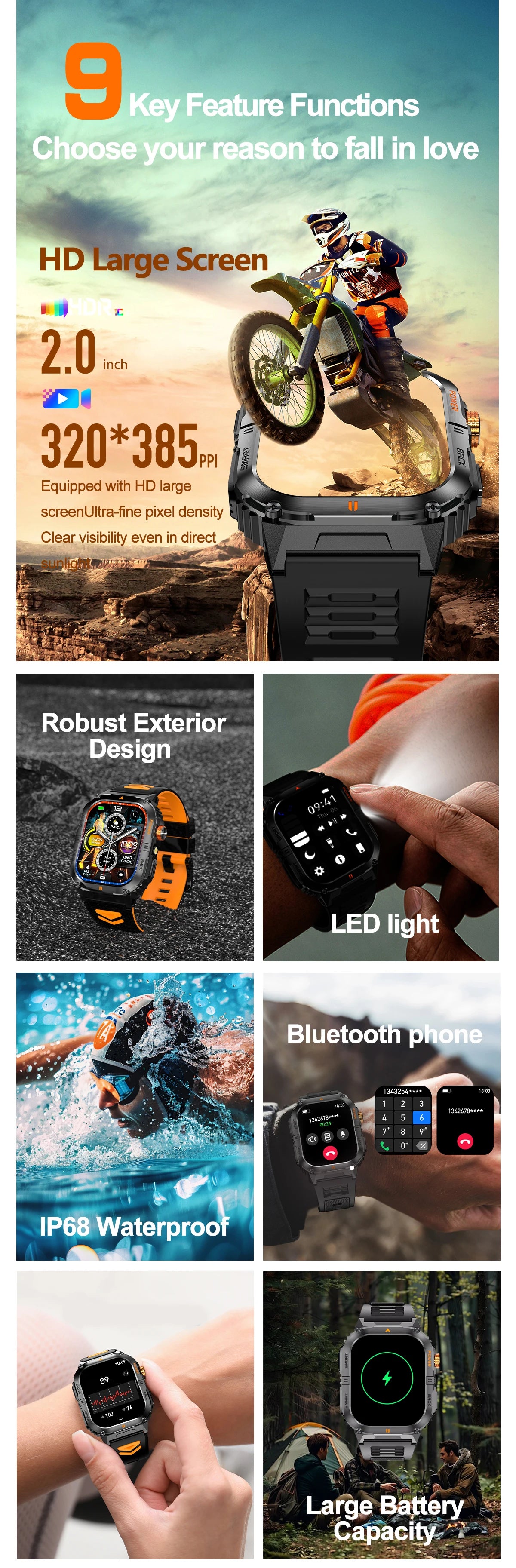 2026 New Smart Watch 2.00inch HD Display Bluetooth Call LED Flashlight Multiple Sports Modes Pedometer Men's Sports Smartwatch