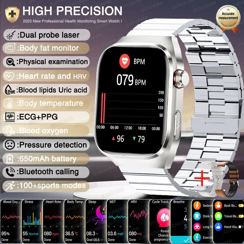 New Nursing Level Blood Pressure Laser Therapy Diagnosis Smart Watch Men Women Clock ECG+PPG Uric Acid Lipid Heart Rate Watches