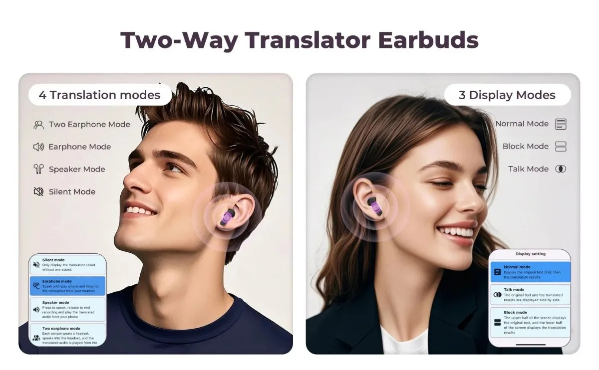 Real Time Translators Headphones with Touch Screen 144 Languages Translation Bluetooth 5.4 Earbuds Noise Cancelling Headset