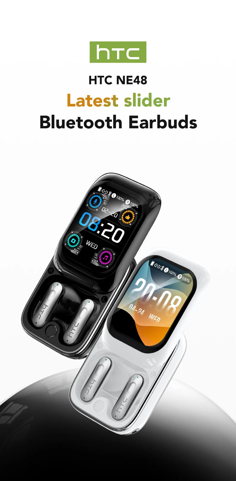 HTC NE48 Slider Headphones Wireless with a Colorful HD Display Touch Control In-Ear Bluetooth Earphones AI Translation Earbuds