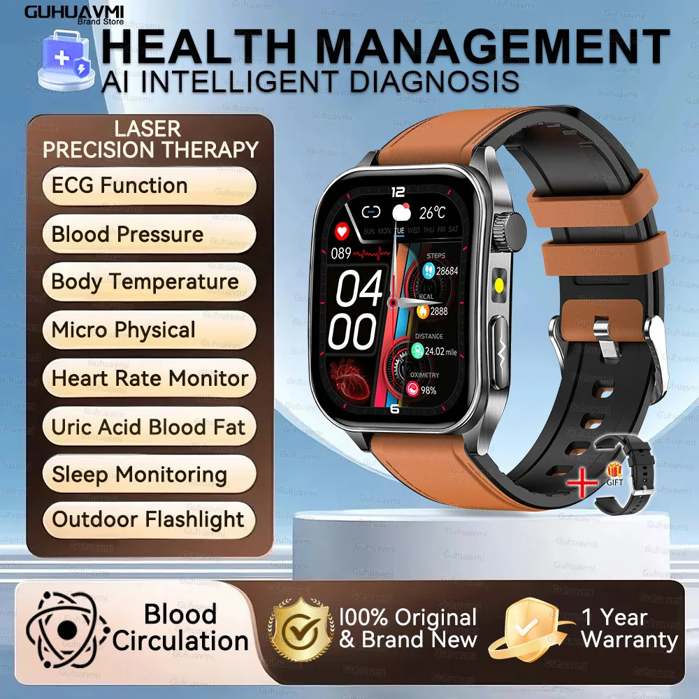 2025New 650nm Laser Conditioning Sapphire Glass Smart Watch Men ECG Heart Rate Micro Physical Exam Health Smartwatch Temperature