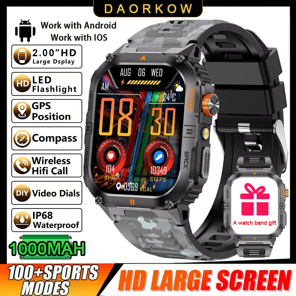 New 1000mAh military outdoor smartwatch for men, LED flashlight, IP68 waterproof, GPS sports, 2.01-inch Bluetooth call smartwatc