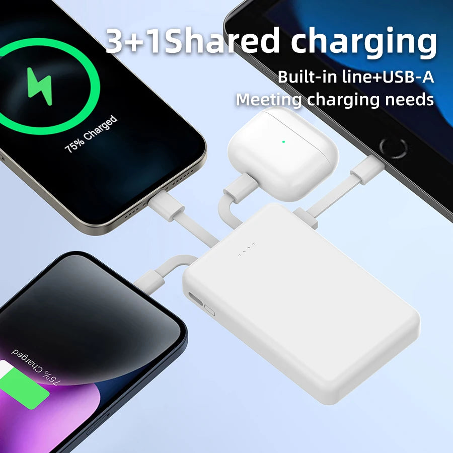 Mini Compact Portable Power Bank 5000Mah Mobile Phone Charger, Built-In Type-C Input, Built-In Usb-A Output, Built-In Type-C/ Micro/Suitable for Smartphones, Headphones, Speakers and Other Products