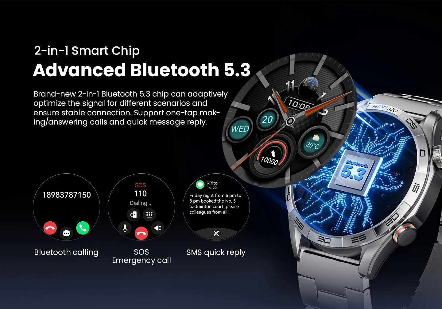 HAYLOU Solar 5 Smartwatch with 1.58'' AMOLED Display 60Hz Refresh Rate 24H Health Monitoring Voice Calling Sports Modes for Men Black/Silver