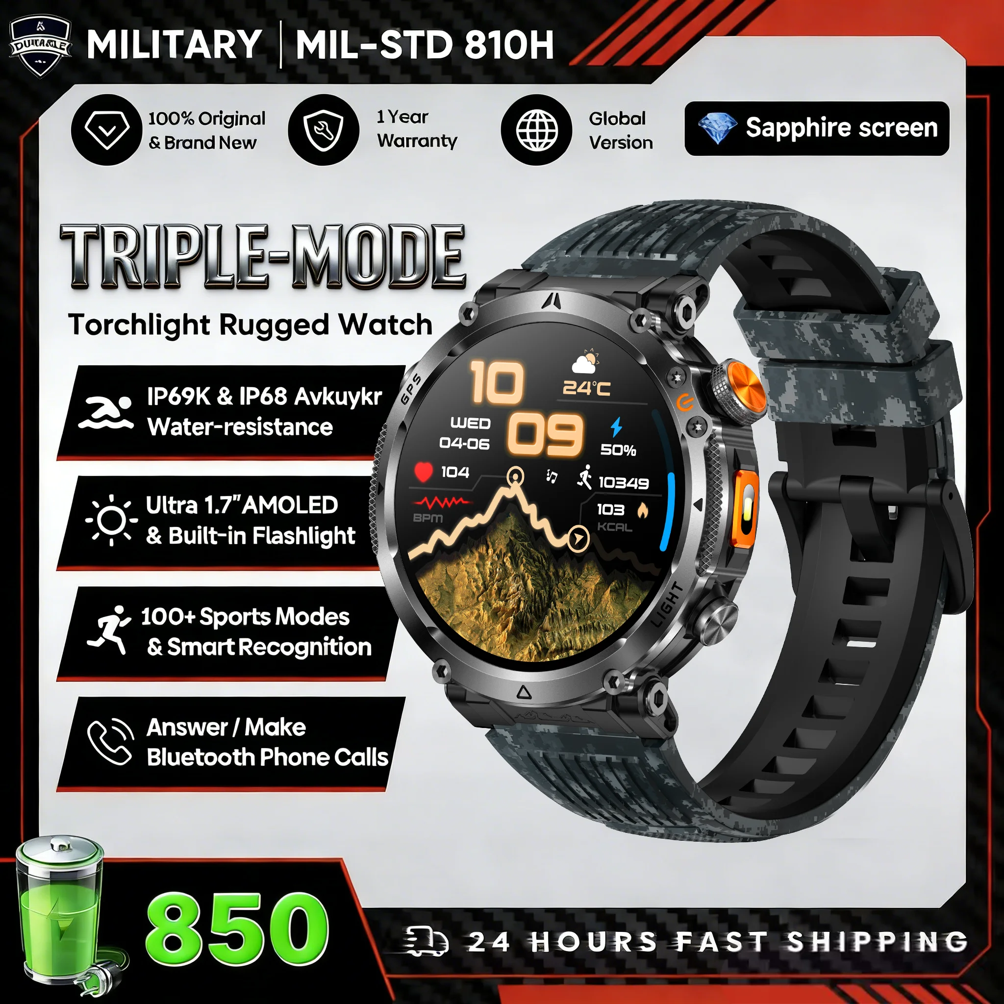 2026 New Military GPS Sports Smart Watch Men Compass 3ATM Waterproof Swim Fitness Tracker AMOLED HD SmartWatches 850Mah Battery