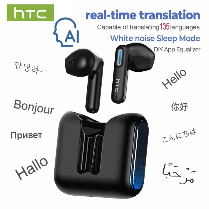 HTC NE49 TWS Wireless Earbuds Bluetooth AI Translator ENC Noise Cancelling 40H Battery Touch Control Stereo Sports Headphones