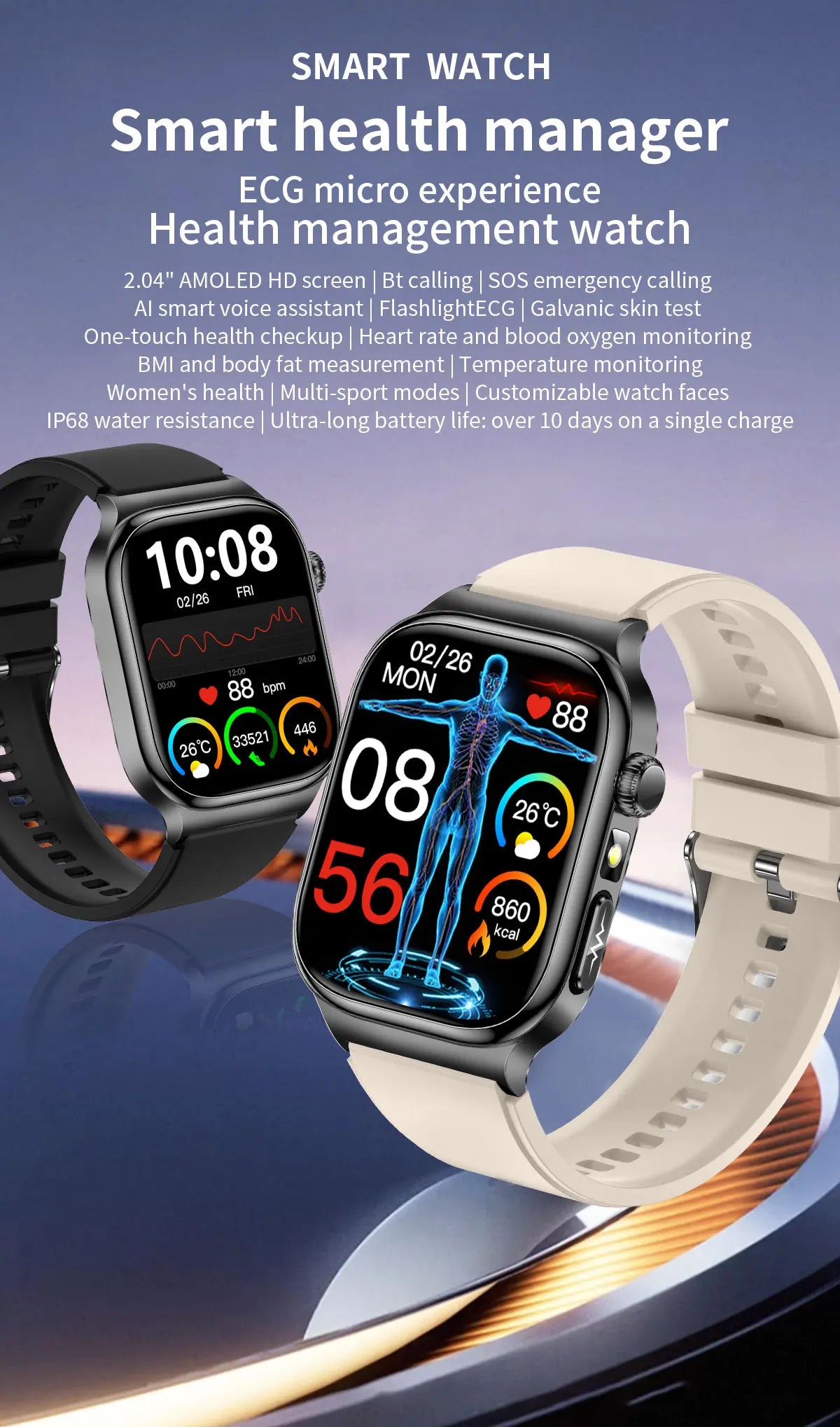 2026New Smart Watch Men Women AI Human Health diagnosis ECG+HRV Blood Pressure Uric acid Blood lipid Bluetooth Call Smartwatch