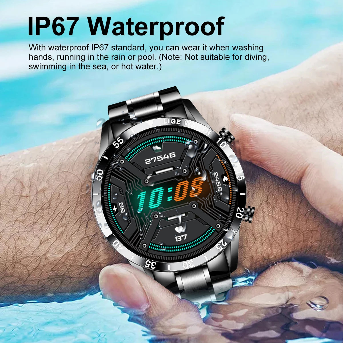 LIGE Men's Fashion Smart Watch Full Touch Bluetooth Call Waterproof Sport Fitness Tracker Luxury Steel Band Smartwatch for Adults