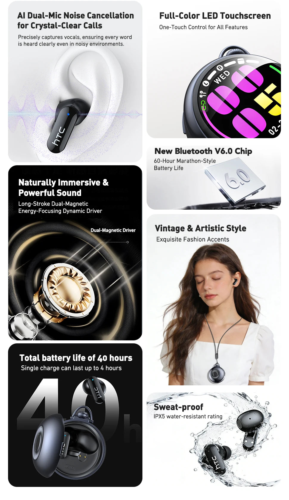 Ai Translation Smart Assistant HTC NE71 Wireless Bluetooth Earphones Headphones Full HD LCD Display Headset Music Sports Earbuds