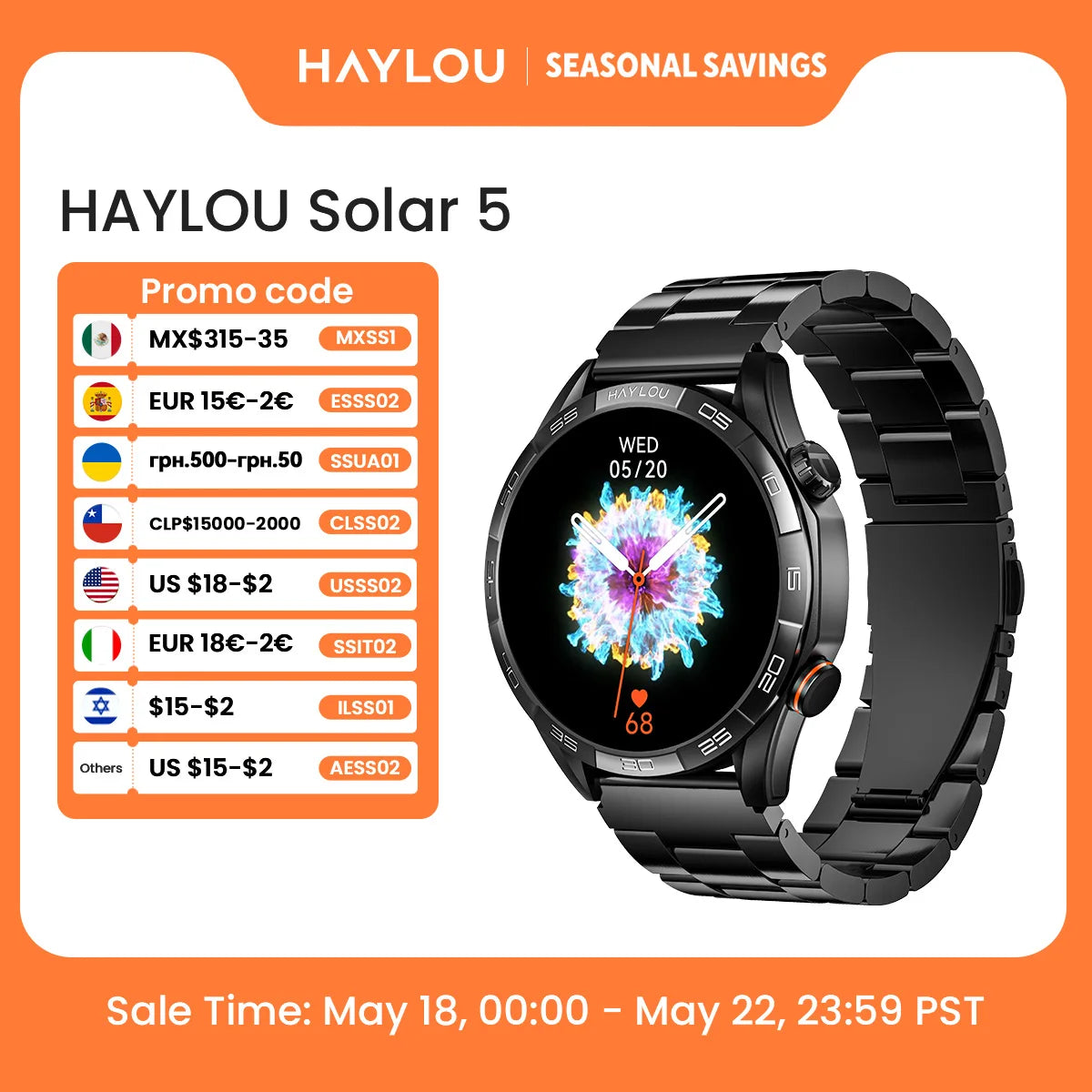 HAYLOU Solar 5 Smartwatch with 1.58'' AMOLED Display 60Hz Refresh Rate 24H Health Monitoring Voice Calling Sports Modes for Men Black/Silver