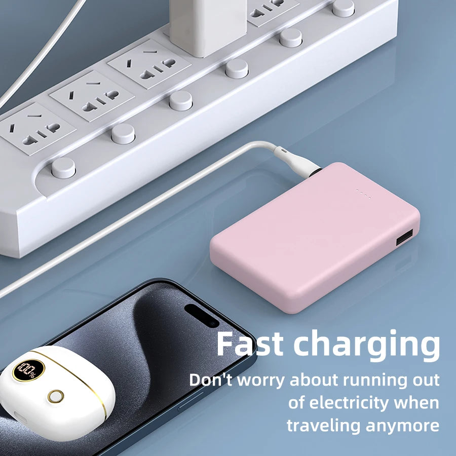Mini Compact Portable Power Bank 5000Mah Mobile Phone Charger, Built-In Type-C Input, Built-In Usb-A Output, Built-In Type-C/ Micro/Suitable for Smartphones, Headphones, Speakers and Other Products