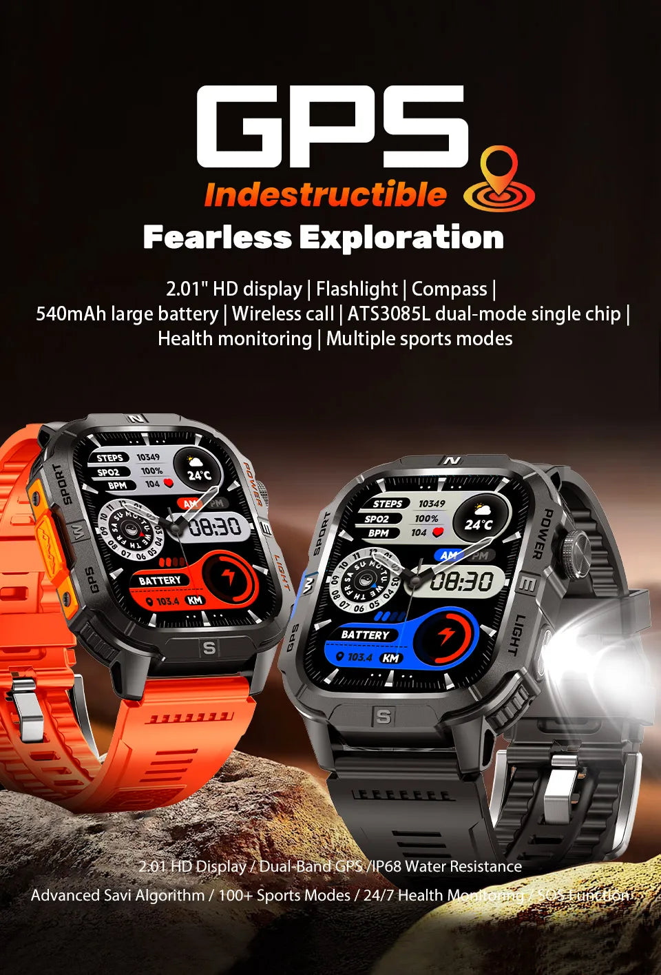 2.01-HD AMOLED GPS Smart Watch 3ATM Waterproof Built-in Dual-band GNSS Altitude Compass Military Sport Smartwatch Men 2025 New