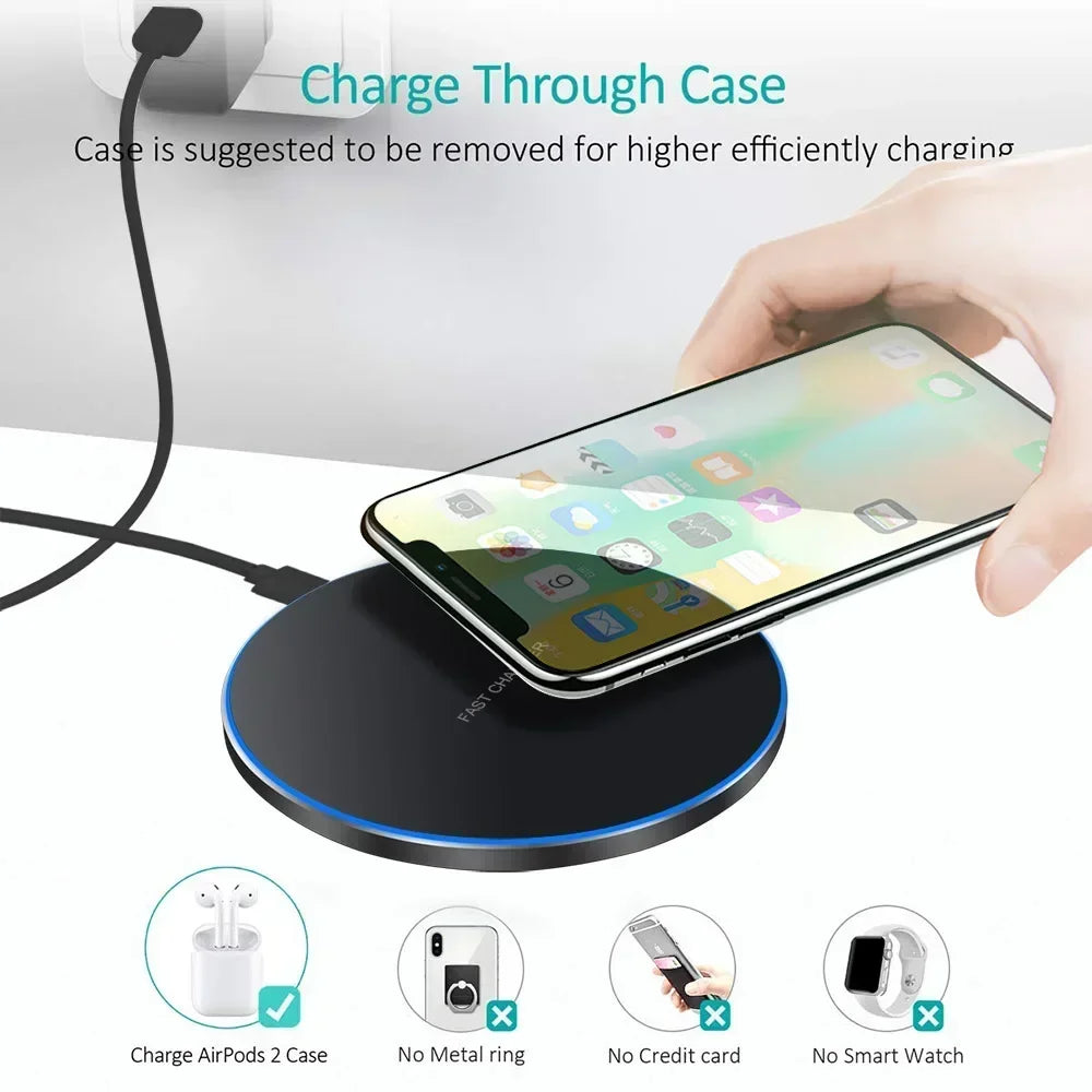 Fast Wireless Charger Pad – Qi Charging Dock for iPhone 16/15/14/13/12/X/XS Max & Samsung, Xiaomi, Huawei Phones.