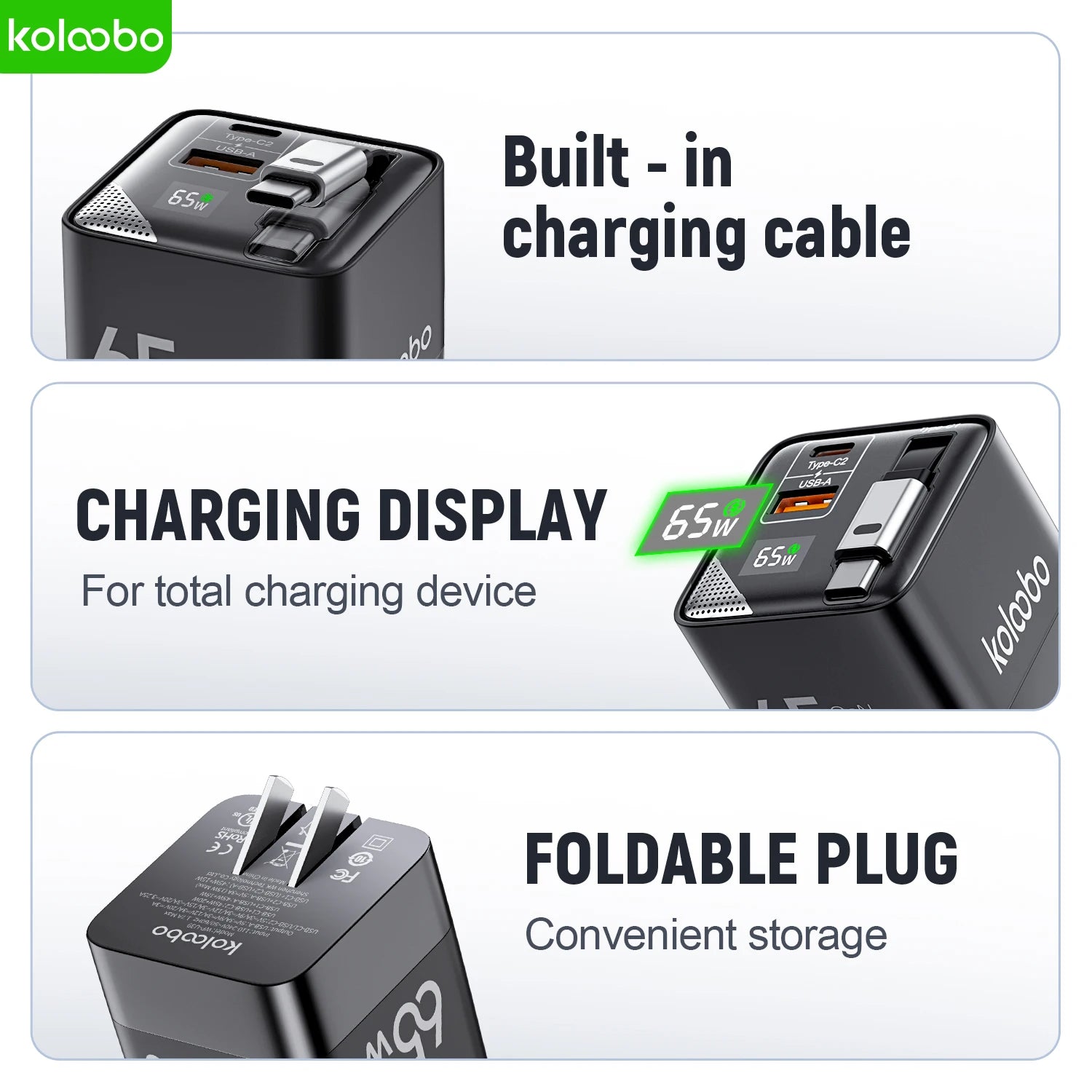 CrownQu 65W GaN Fast Charger with Retractable Type-C Cable