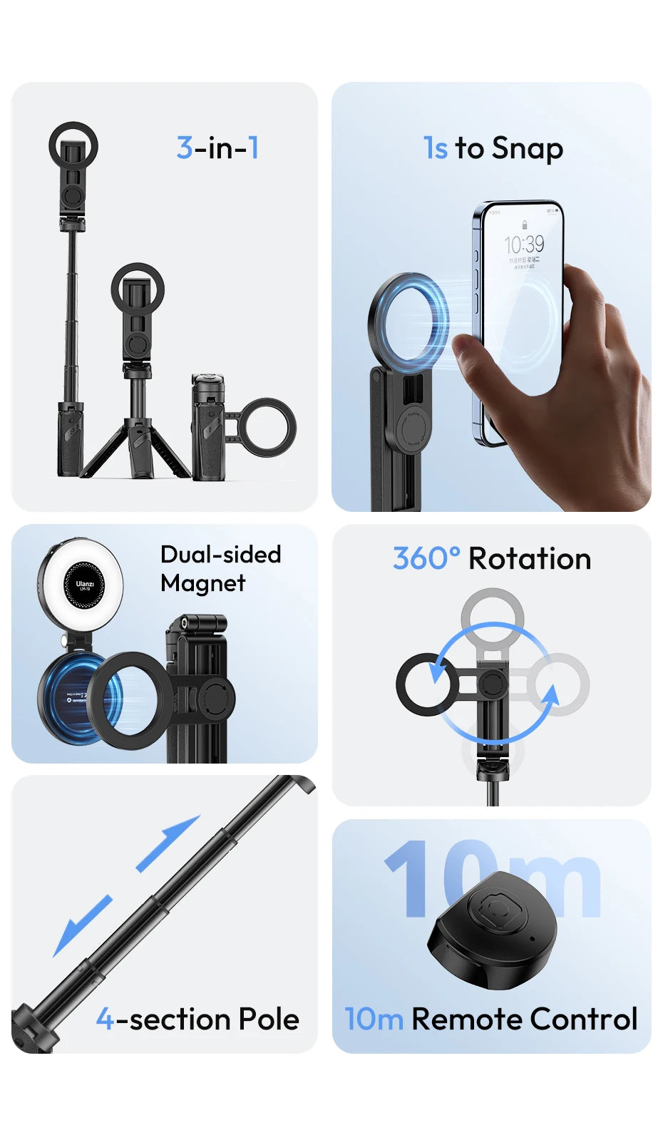Ulanzi JJ03 Magnetic Phone Tripod Stand Wireless Selfie Stick Desktop Support Bluetooth for iPhone 16/15/14/13 pro Max with Grip