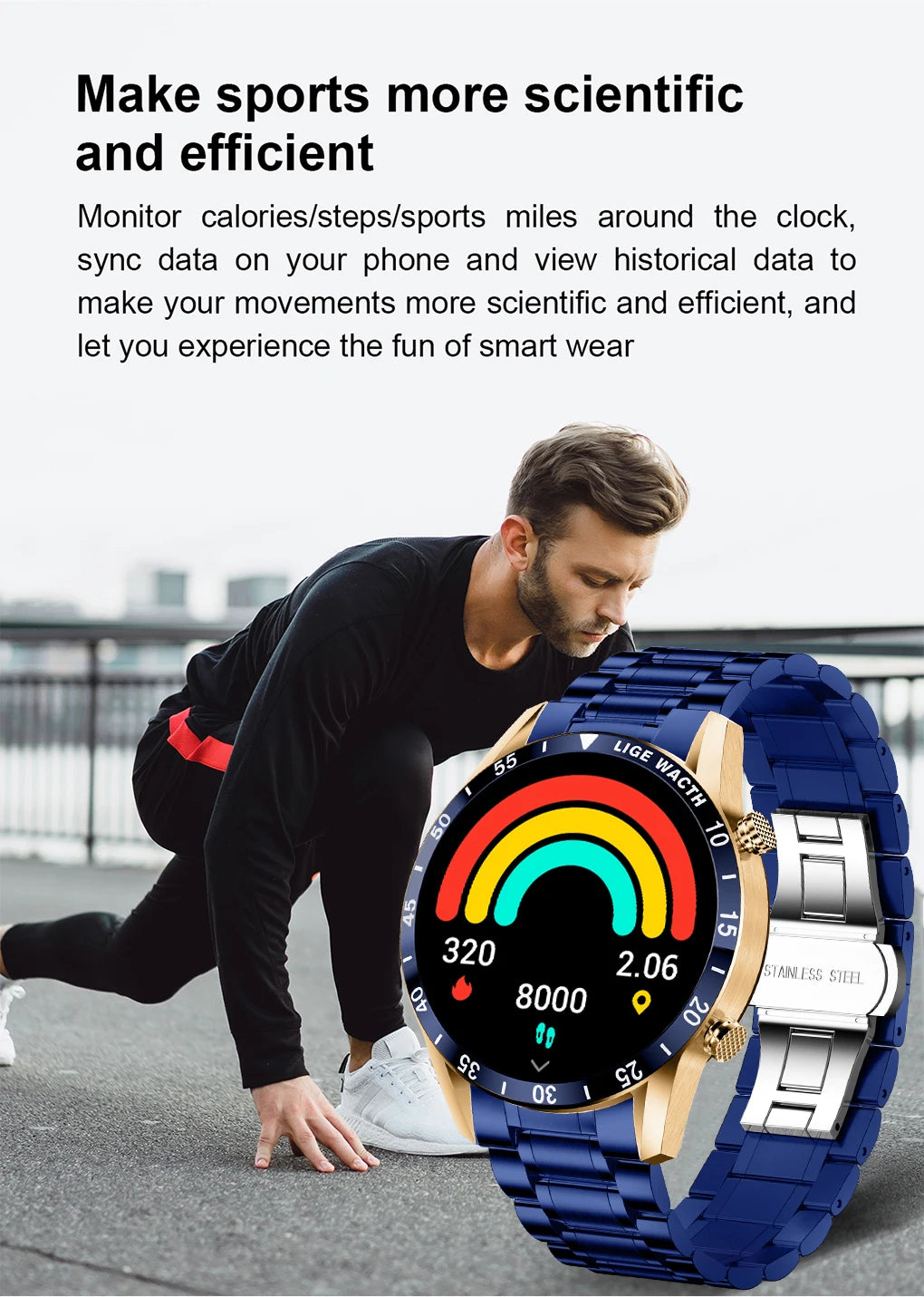 LIGE Men's Fashion Smart Watch Full Touch Bluetooth Call Waterproof Sport Fitness Tracker Luxury Steel Band Smartwatch for Adults