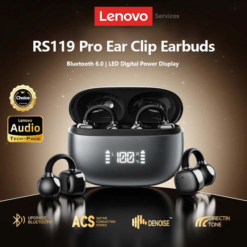 Lenovo Open Ear Wireless Earbuds Bluetooth 6.0 Comfort Clip On Gaming Sports Earphones LED Digital Power Display RS119 Pro
