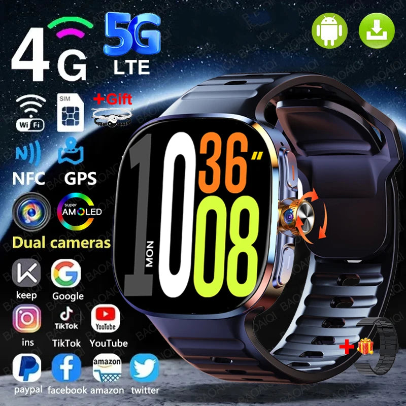 4G/5G Smartwatch 2.4 Inch HD AMOLED Screen 190° Rotary Camera GPS WiFi Android 10.0 Smart Watch with Heart Rate & Sleep Tracker