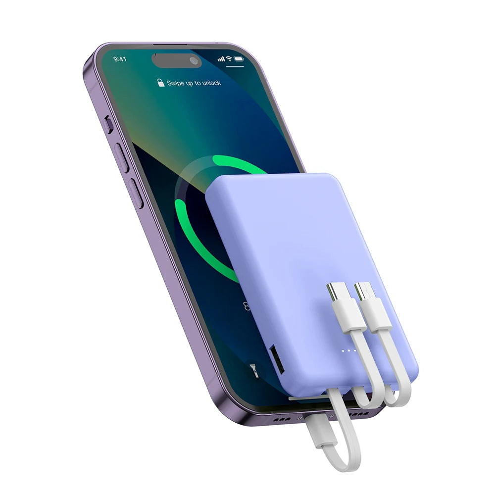 Mini Compact Portable Power Bank 5000Mah Mobile Phone Charger, Built-In Type-C Input, Built-In Usb-A Output, Built-In Type-C/ Micro/Suitable for Smartphones, Headphones, Speakers and Other Products