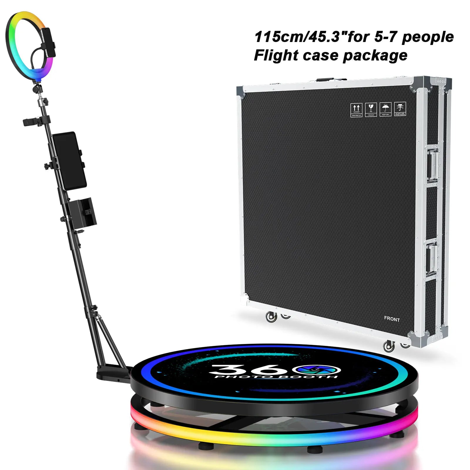 360 Photo Booth Rotating Platform with RGB Ring Light – Selfie Spinner Photobooth for Parties, Weddings & Events, Flight Case Included
