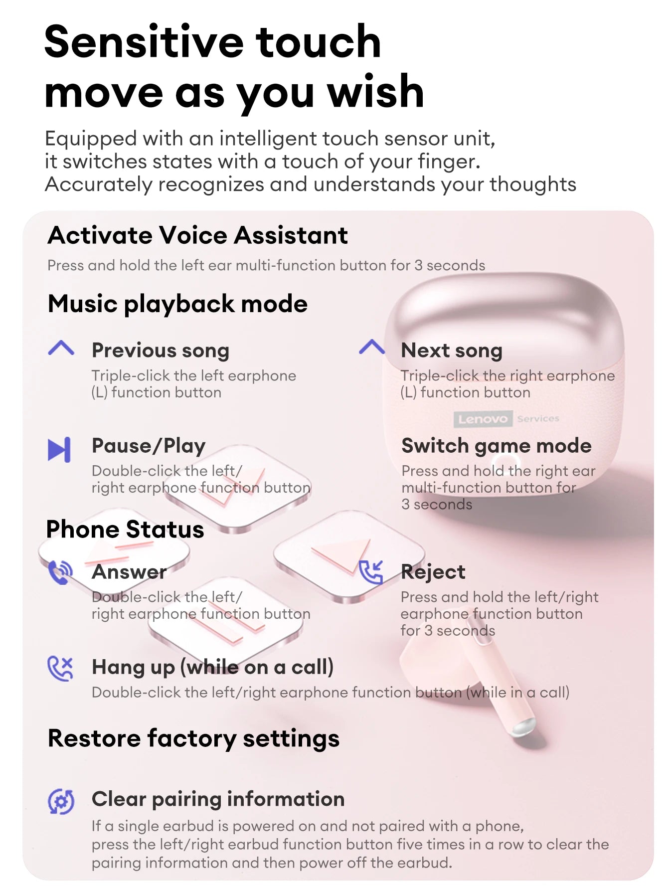Lenovo Original Wireless Earphones Bluetooth 6.0 Long Battery Life Music Gaming Headphones HiFi Stereo Sound HD Call IP54 Earbud