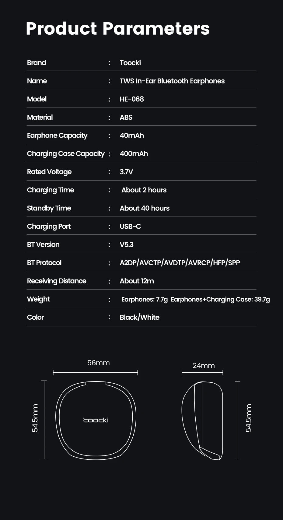 Toocki TWS Wireless Headphones Bluetooth 5.3 LED Dislpaly 35ms Gaming Low Latency Earphones Waterproof Headset Transparency Mode