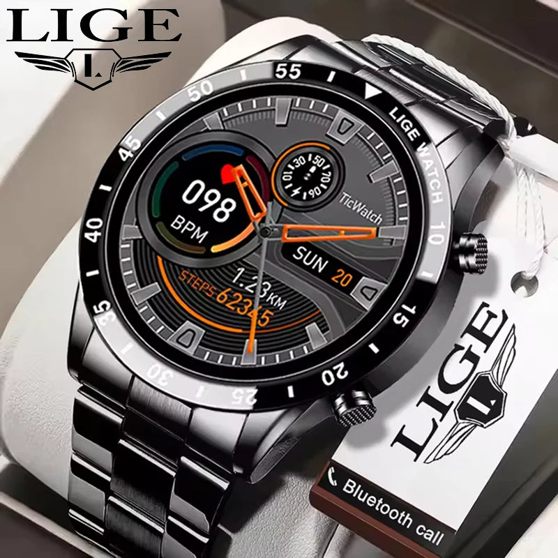 LIGE Men's Fashion Smart Watch Full Touch Bluetooth Call Waterproof Sport Fitness Tracker Luxury Steel Band Smartwatch for Adults