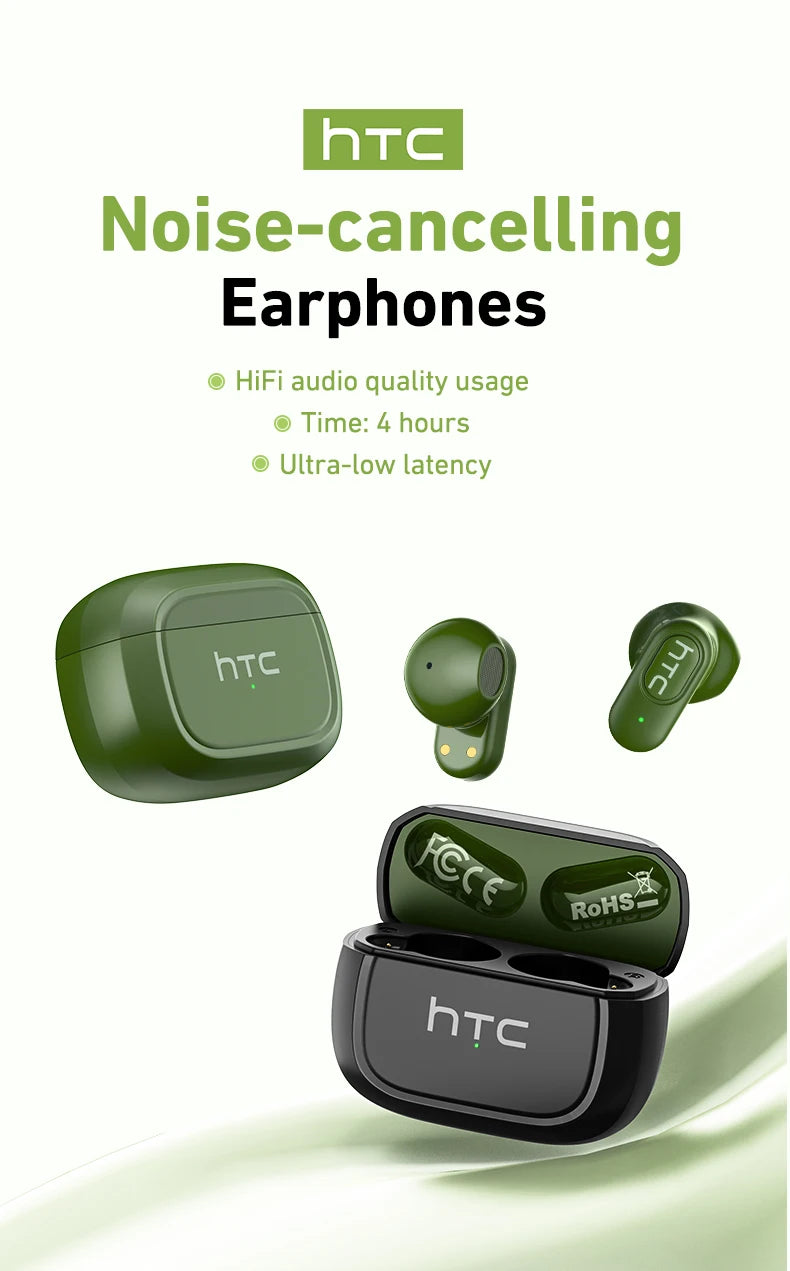 HTC NE51 Bluetooth Earphones TWS Sport Wireless Headphones Long Life with Mic In-Ear Earbuds AI Translator Earbuds