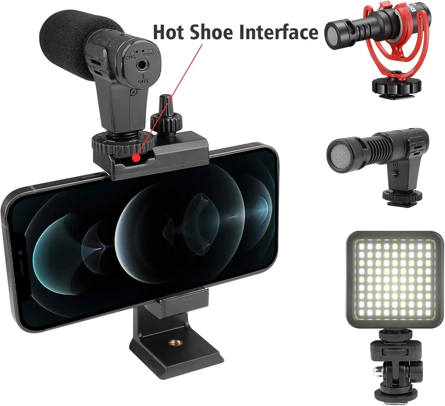 Ergonomic Vlogging Phone Holder with Cold Shoe Mount Handheld Stabilizer Grip Wrist Strap for Mic Light - Wireless Charging Compatible