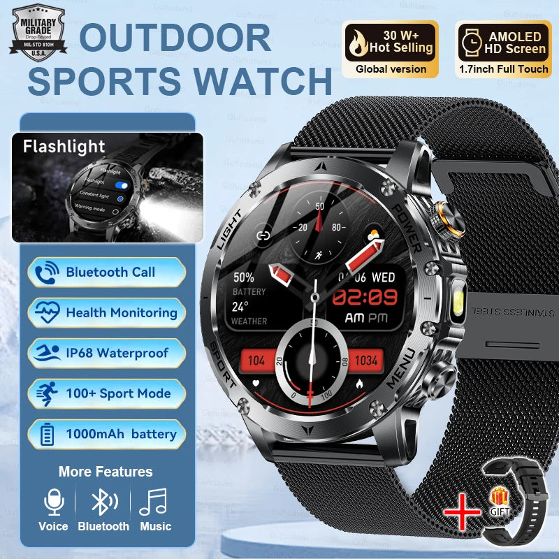 2026 New TREX3 1000mAh Large Battery Durable Adult Smart Watch Sports Fitness Waterproof LED Flashlight Call Smartwatchs For Men