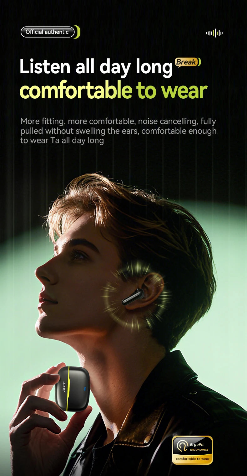 Acer In-Ear Wireless Bluetooth Headphones with Anc Active Noise Reduction, Hd Calls, Dolby Surround Sound, Large Battery, Long Battery Life, No Delay for Music and Games, Suitable for Sports, Running, and Fitness Use
