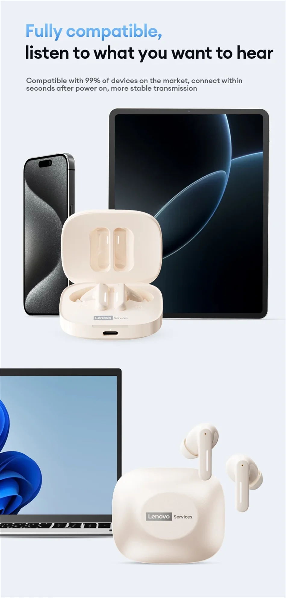New Lenovo LE209 Wireless Bluetooth Earphone ANC Noise Reduction HiFi Music Bluetooth Headphone 30H Battery Life Gaming Headset