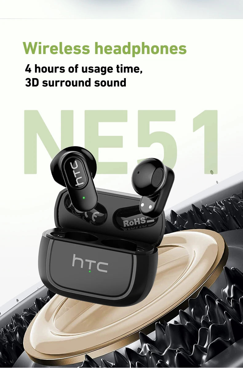 HTC NE51 Bluetooth Earphones TWS Sport Wireless Headphones Long Life with Mic In-Ear Earbuds AI Translator Earbuds