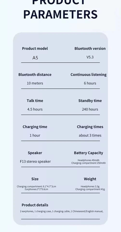 UEESFIT NEW A5 TWS Wireless Earphones Bluetooth 5.3 Sports Headphones HD Call HiFi Sound Headset Mini In-Ear Earbuds With Mic
