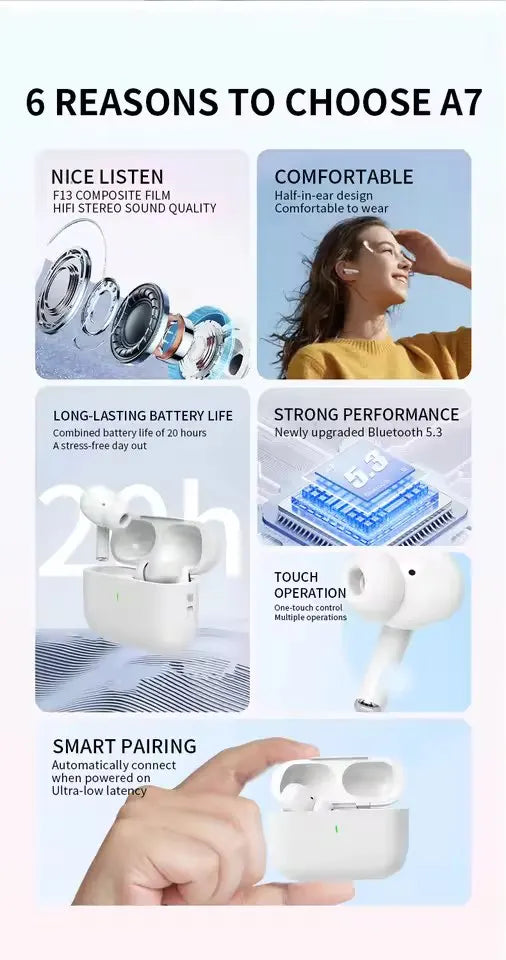 UEESFIT NEW A5 TWS Wireless Earphones Bluetooth 5.3 Sports Headphones HD Call HiFi Sound Headset Mini In-Ear Earbuds With Mic