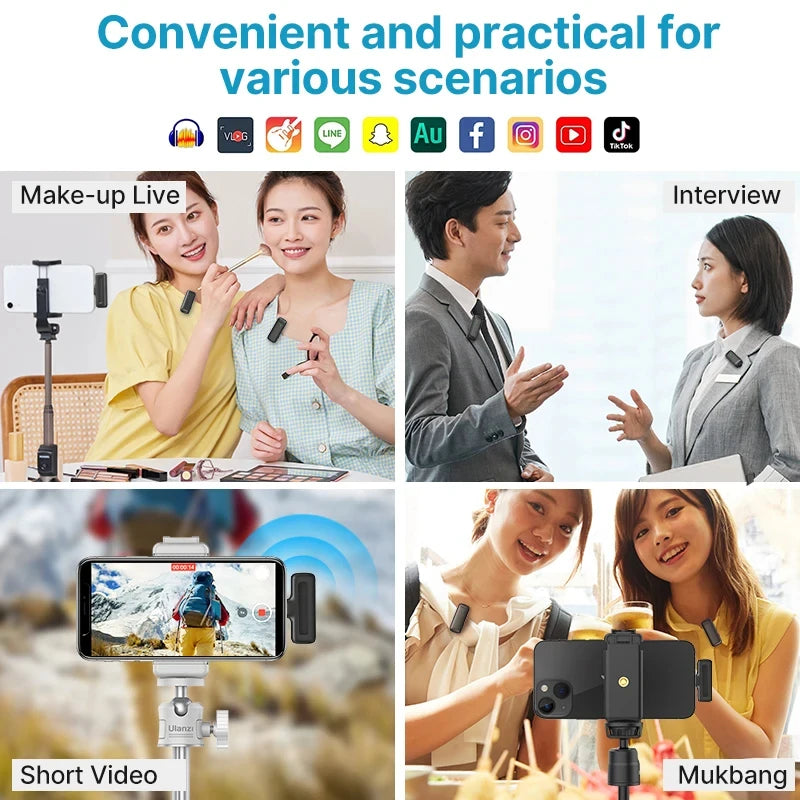 Ulanzi J12 Wireless Lavalier Lapel Microphone Set for iPhone 16/15/14 Android Mini Condenser Mic with Omnidirectional Pickup for Live Broadcast Short Video Recording
