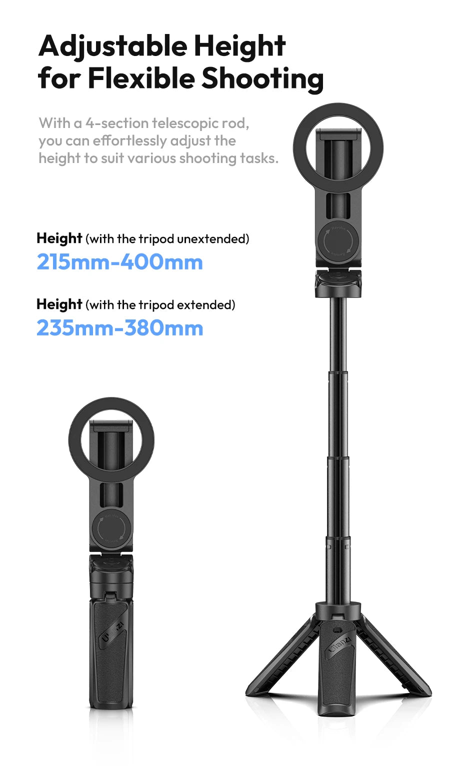 Ulanzi JJ03 Magnetic Phone Tripod Stand Wireless Selfie Stick Desktop Support Bluetooth for iPhone 16/15/14/13 pro Max with Grip
