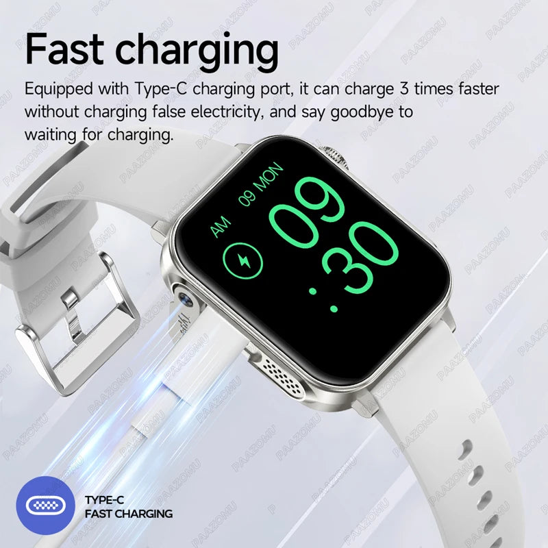 2025 New Smart Watch Men Women Type-C Charging Heart Rate LED Flashlight Bluetooth Call IP68 Waterproof SmartWatch for Android