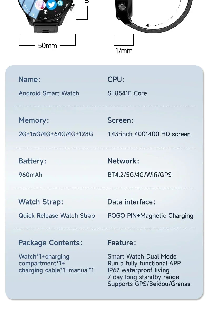 SIM Dual camera Smartwatch A7128G 4G smartwatch Video Call Trail tracker with Wifi GPS waterproof Google Play Store for men