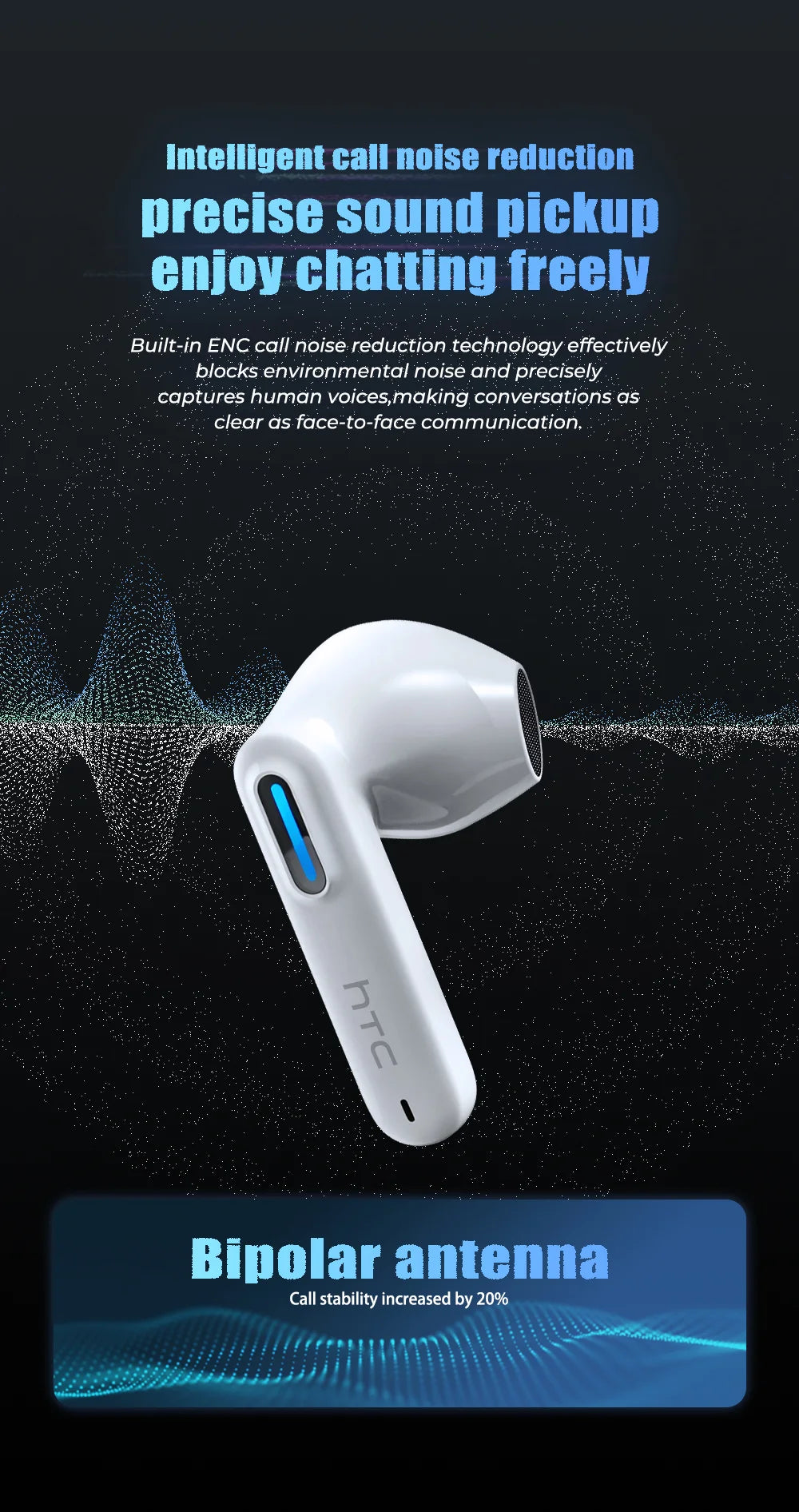 HTC NE49 TWS Wireless Earbuds Bluetooth AI Translator ENC Noise Cancelling 40H Battery Touch Control Stereo Sports Headphones
